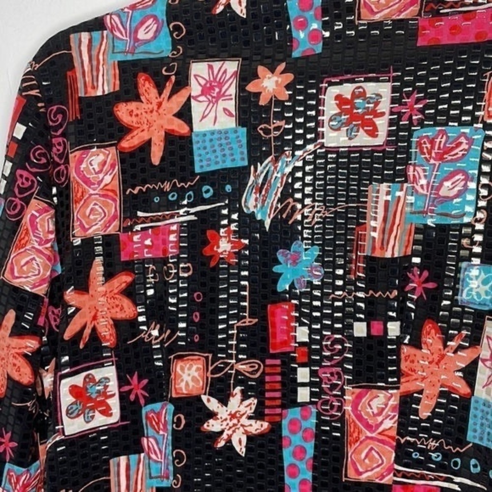 Bright Floral Patchwork Button-Up Blouse - Black … - image 3